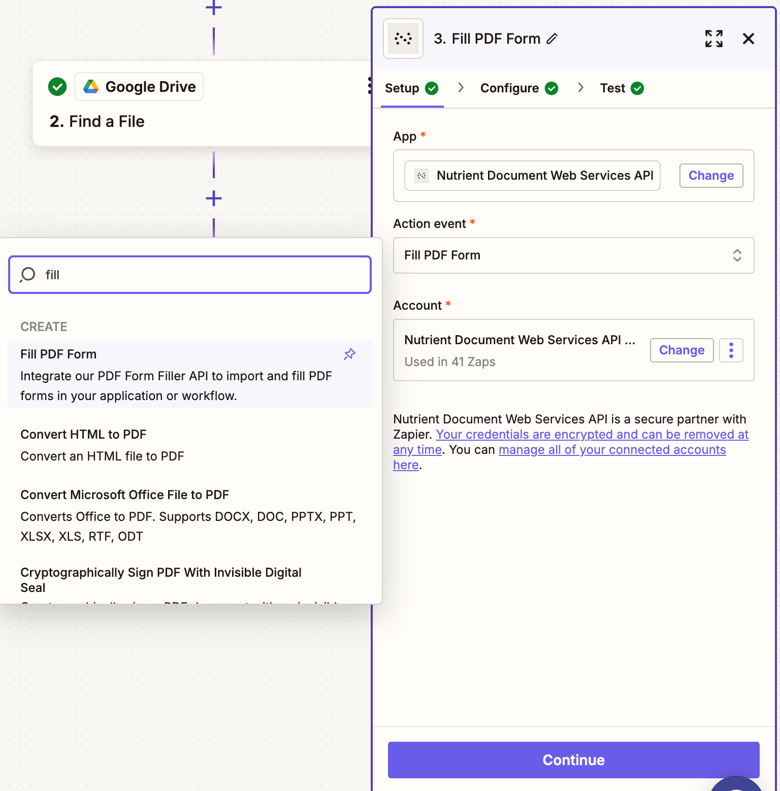 Select Fill PDF Form as the action