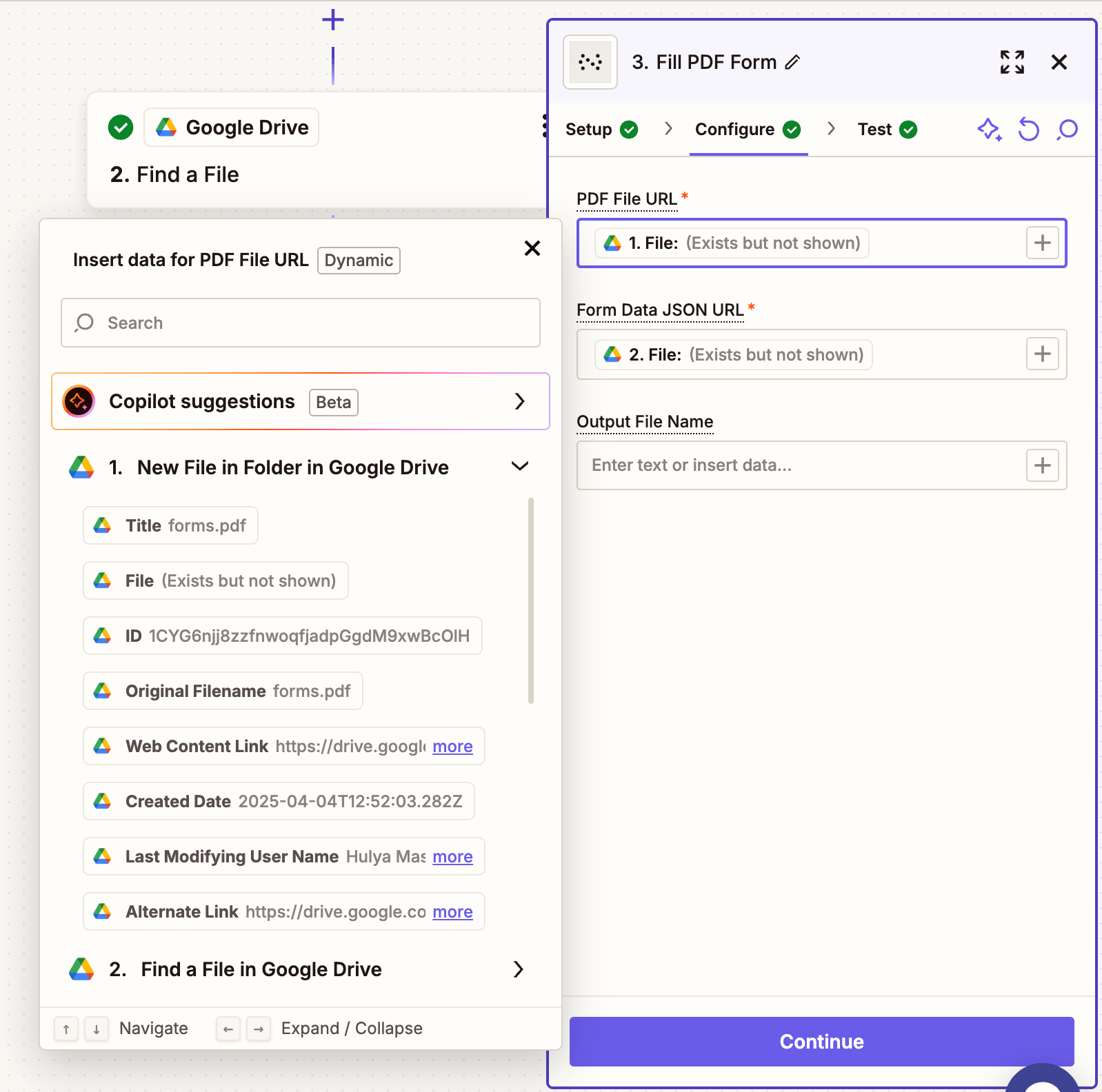 Fill out the action fields for PDF form filling
