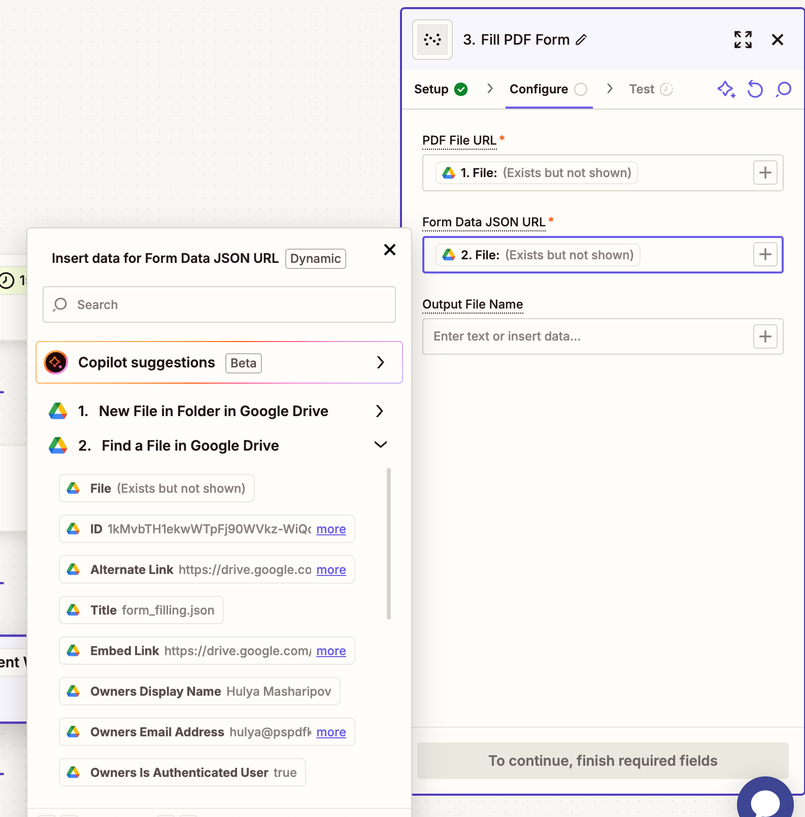 Fill out the action fields for PDF form filling