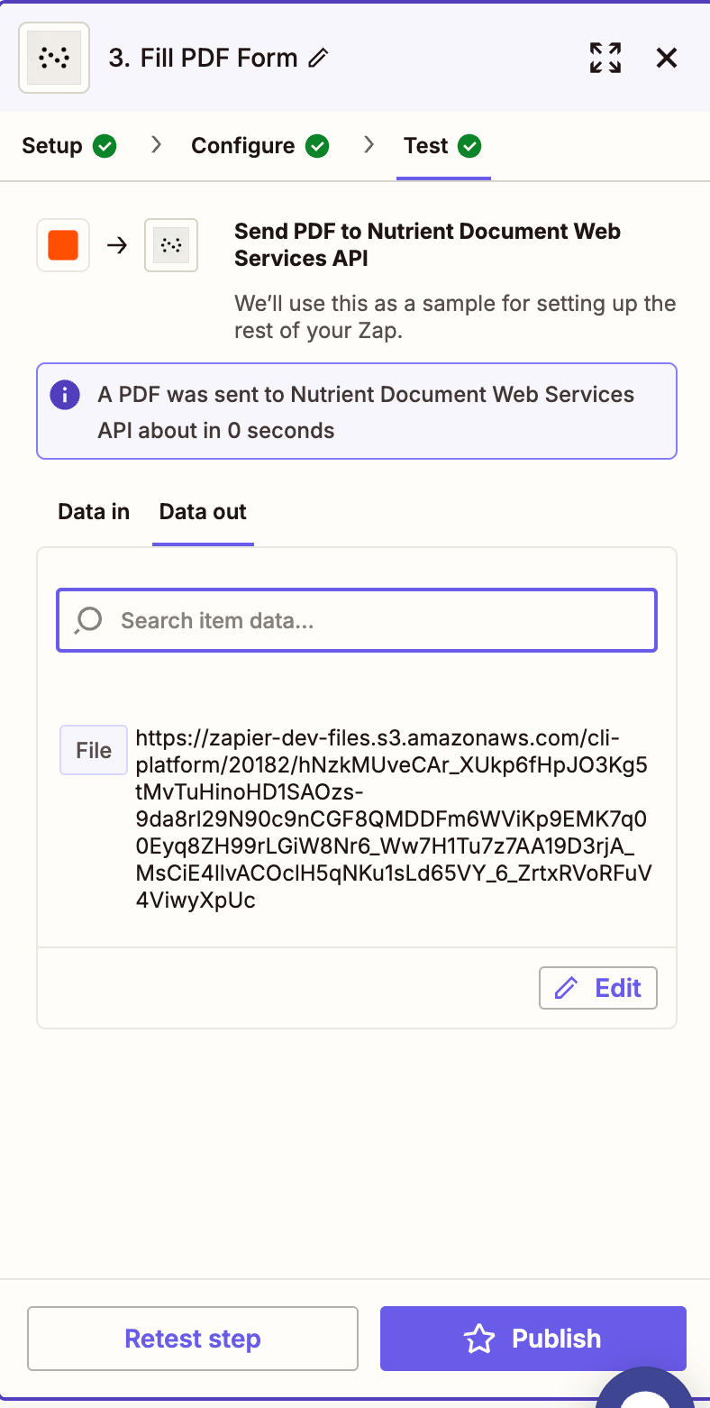 Test PDF form filling step