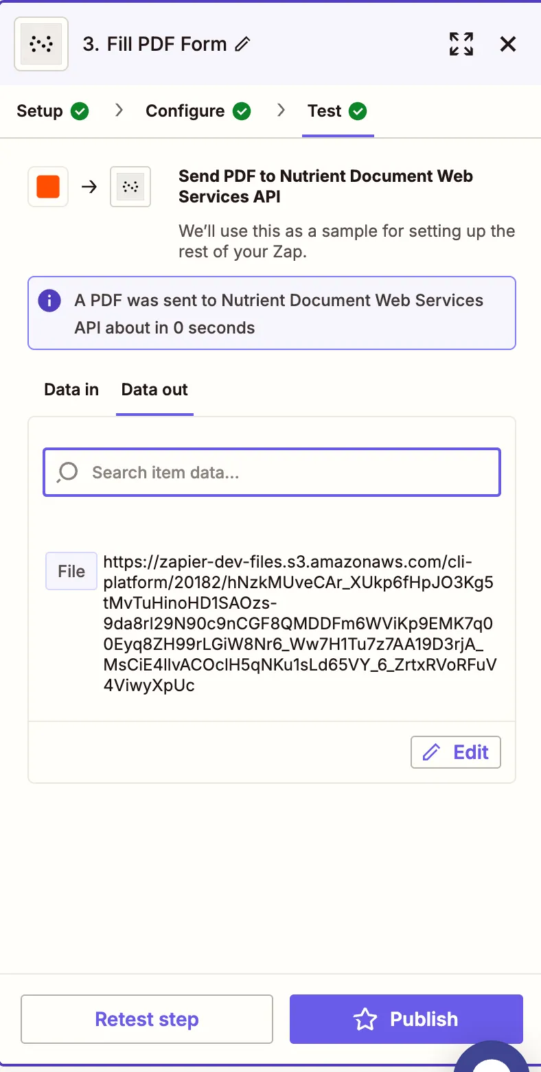 Test PDF form filling step