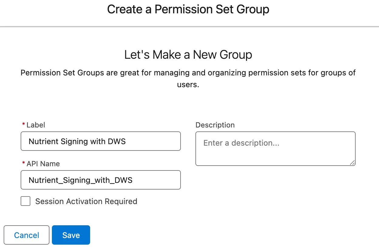 New Permission Set Group form showing the group details