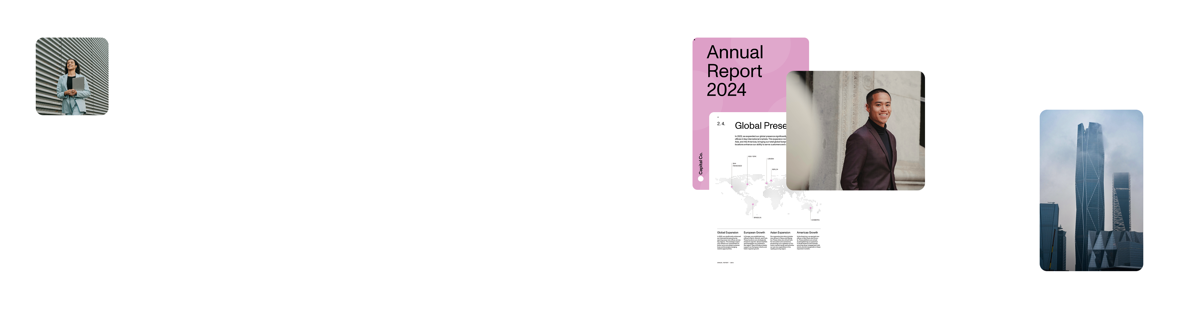 Illustration showing an annual report next to a professional in a suit smiling