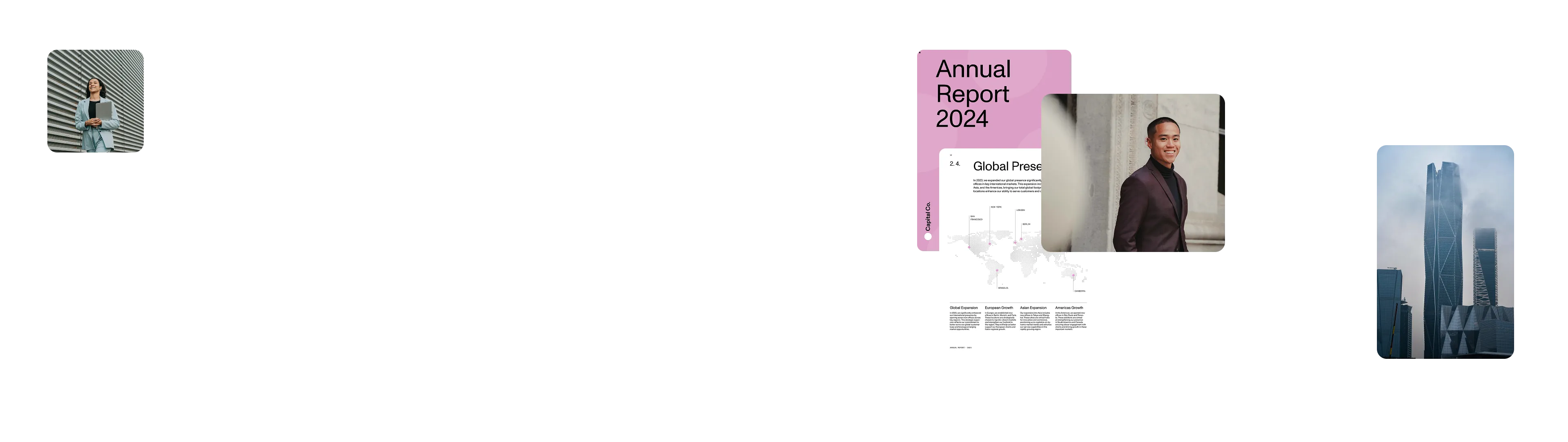 Illustration showing an annual report next to a professional in a suit smiling