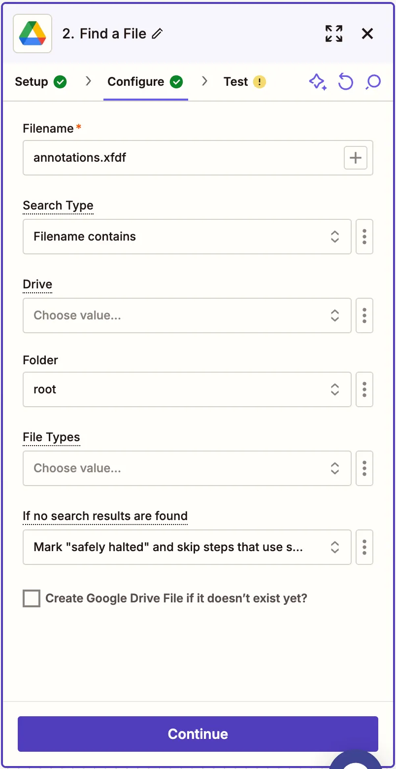 Configure the Find File step for XFDF file