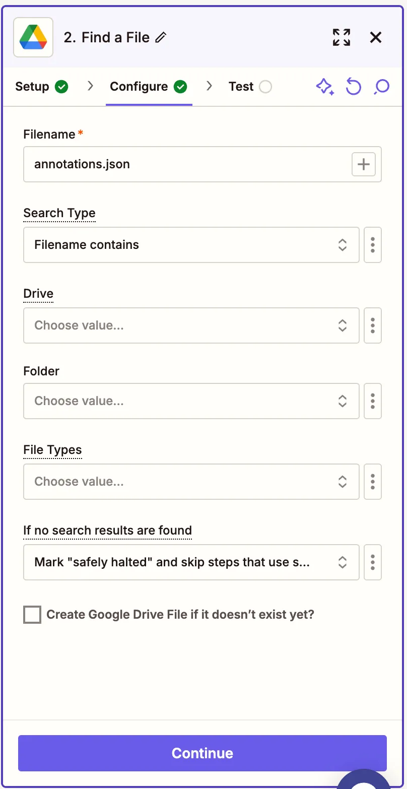 Enter the expected filename and search configuration for the JSON file