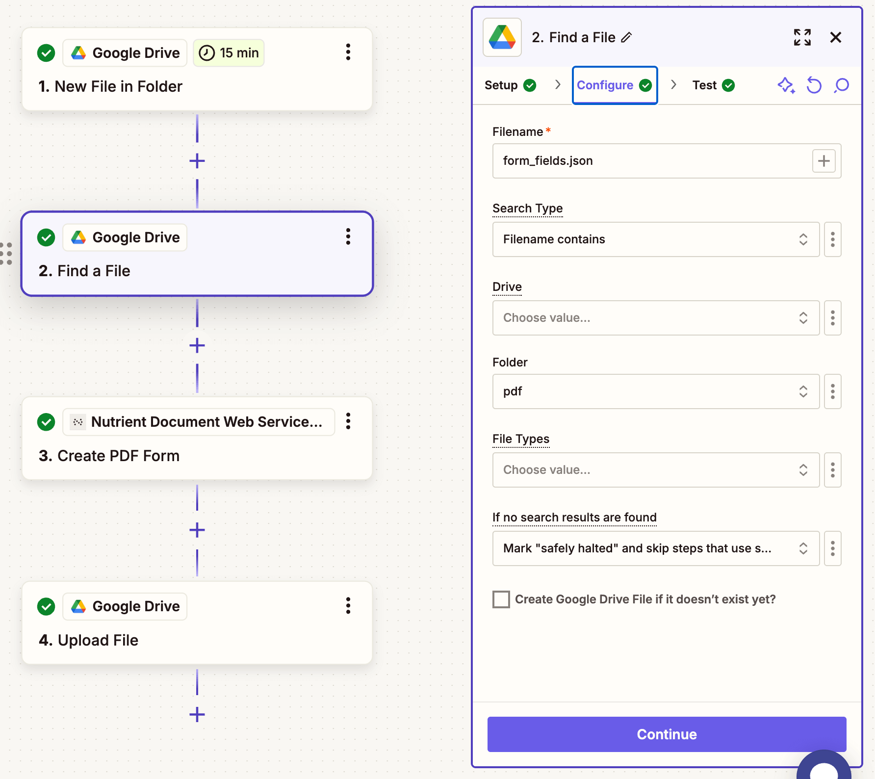 Find File configuration searching for form JSON