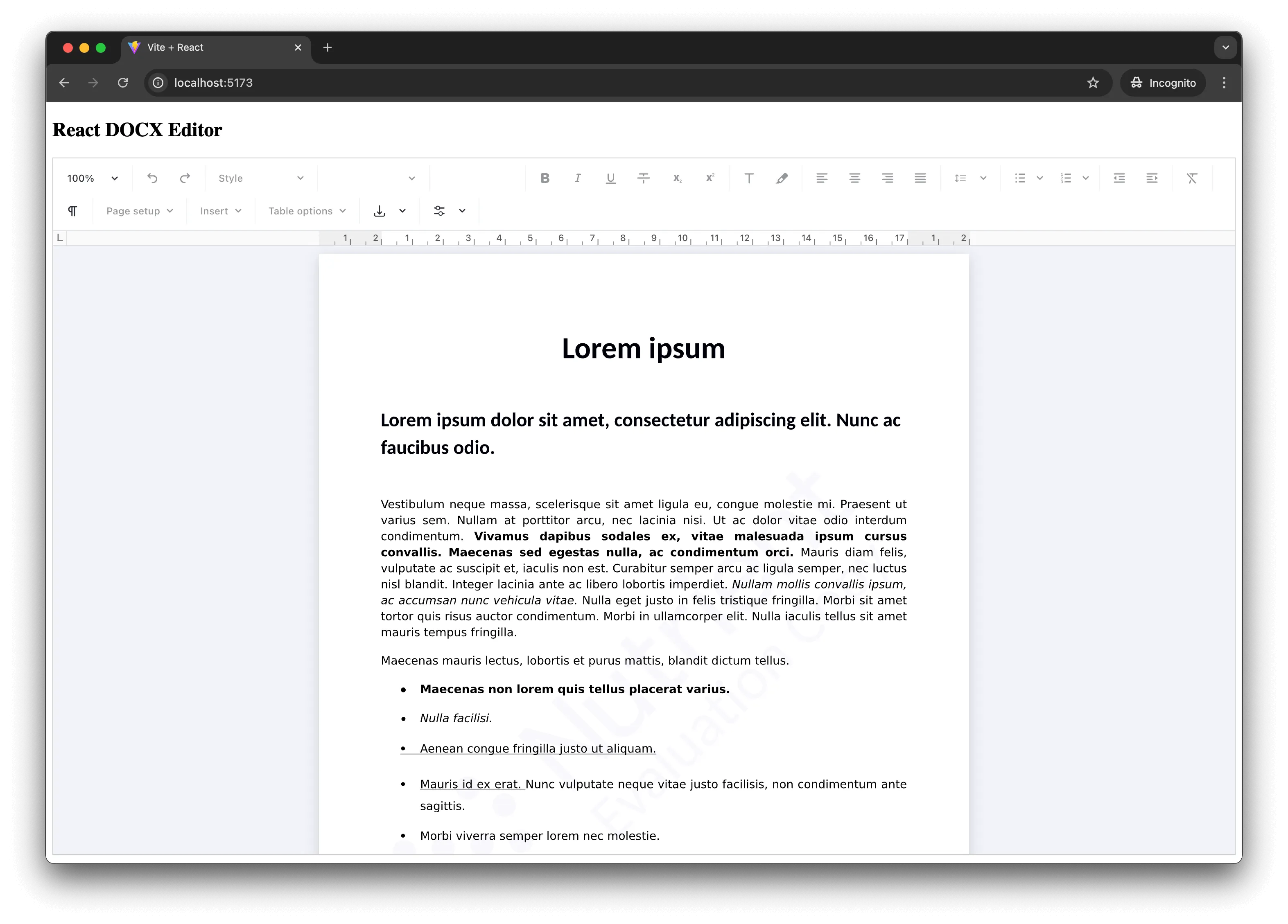 React DOCX Editor First Example Screenshot