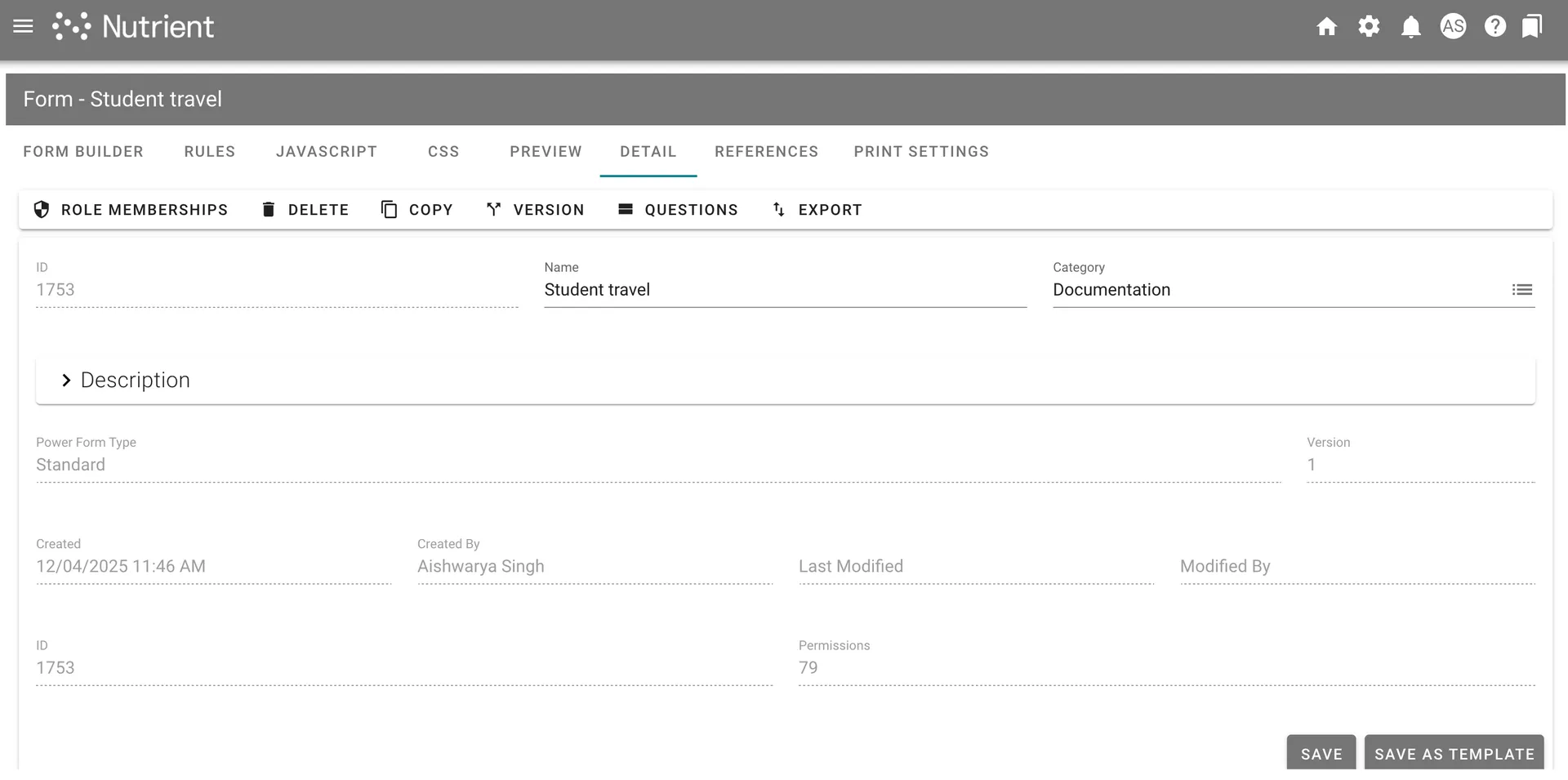 Form detail definition tab showing form configuration options