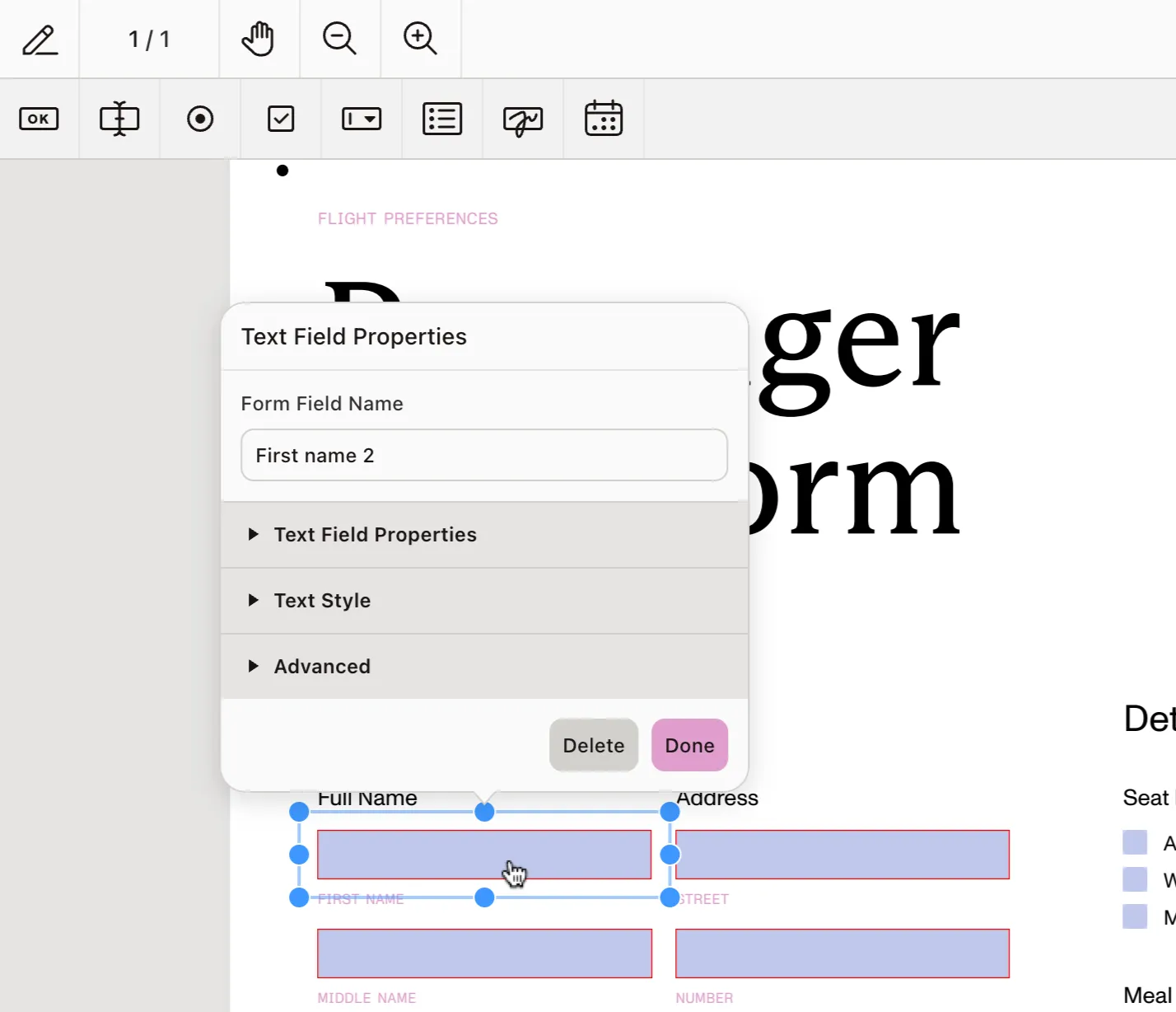 Form field selected in form design mode