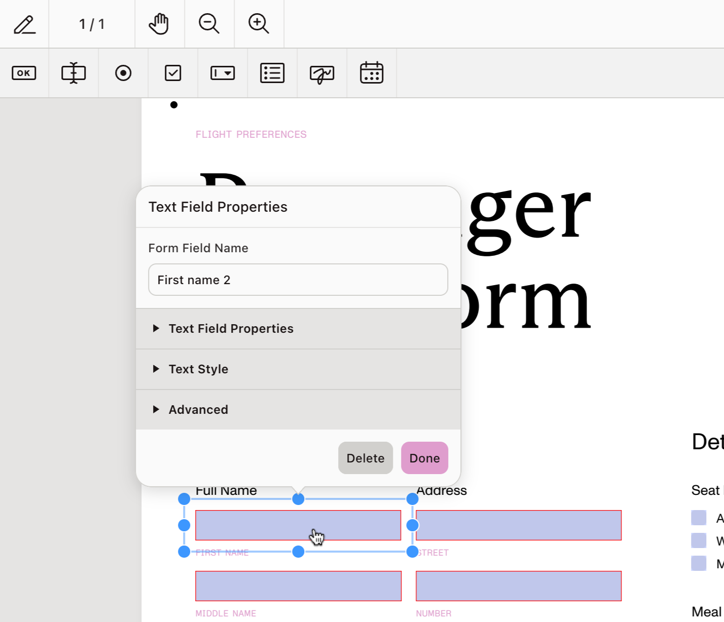 Form field selected in form design mode