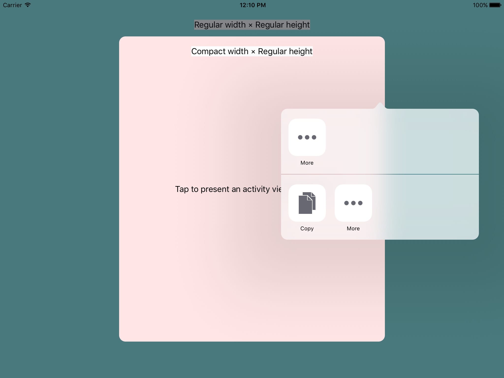 Form sheet presenting activity view controller as a popover