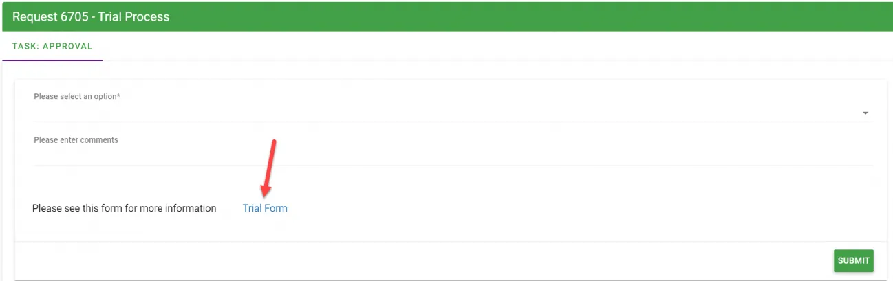 Approval task interface showing the linked form task