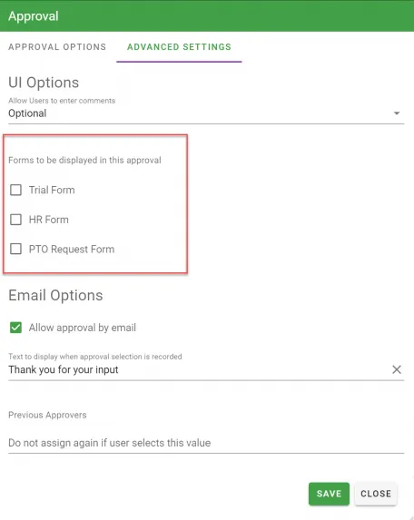 Forms to be displayed in this approval checkboxes with form task options