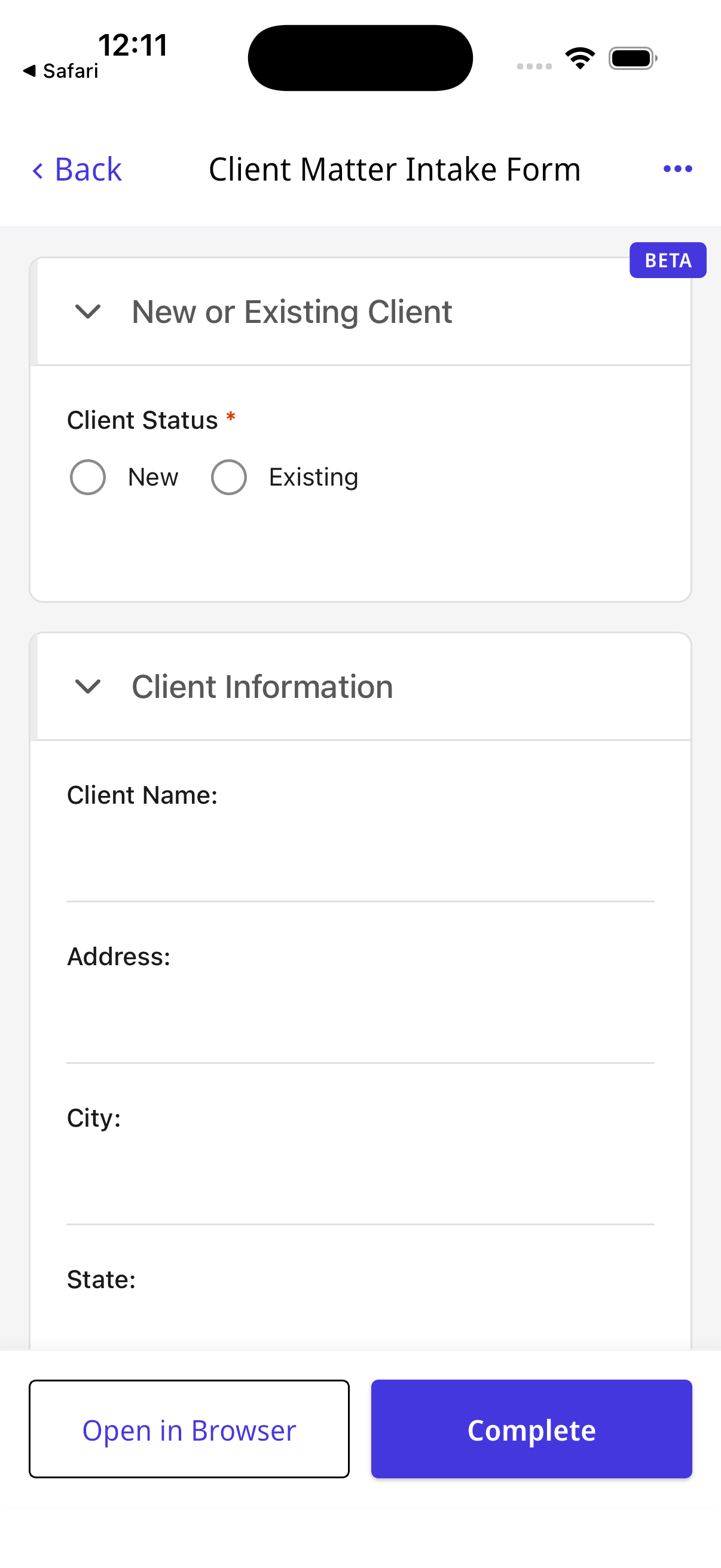 Nutrient Workflow Automation mobile app showing a form with collapsible sections, input fields, and Open in Browser option