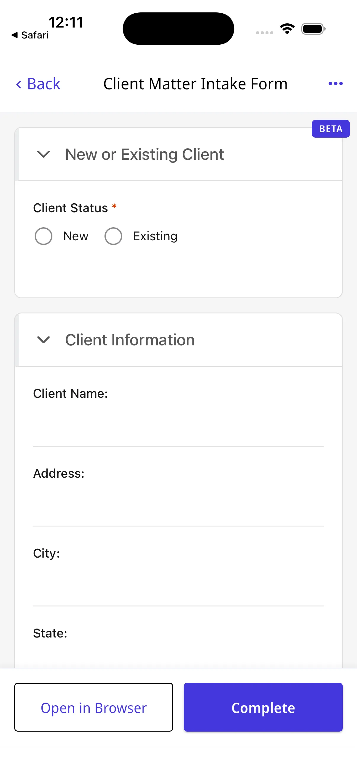 Nutrient Workflow Automation mobile app showing a form with collapsible sections, input fields, and Open in Browser option