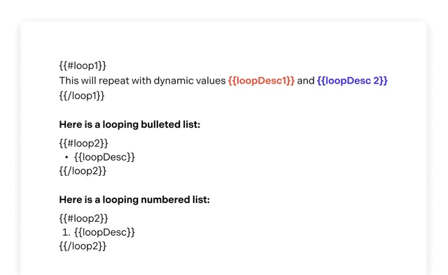 Word Template with placeholders for creating loops