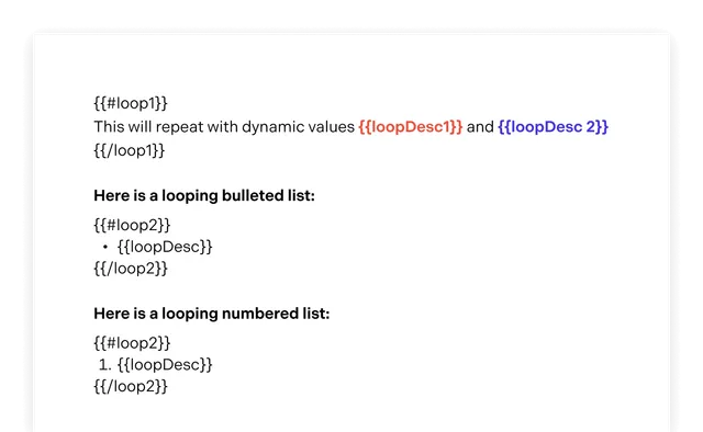Word Template with placeholders for creating loops