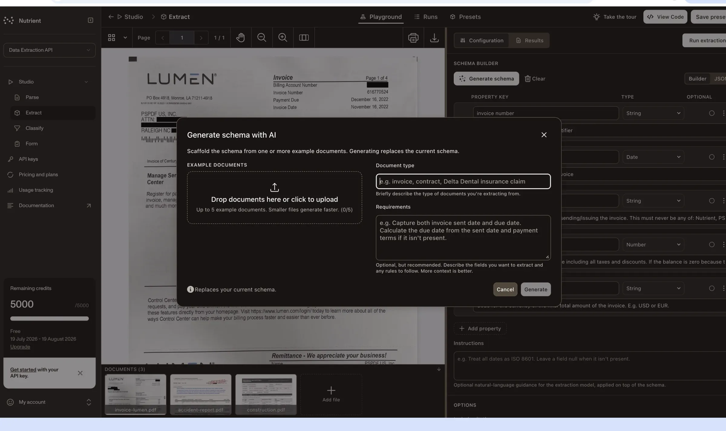 The Generate schema with AI dialog in Nutrient Studio, showing an upload area for up to five example documents, a document type field, and a requirements field.