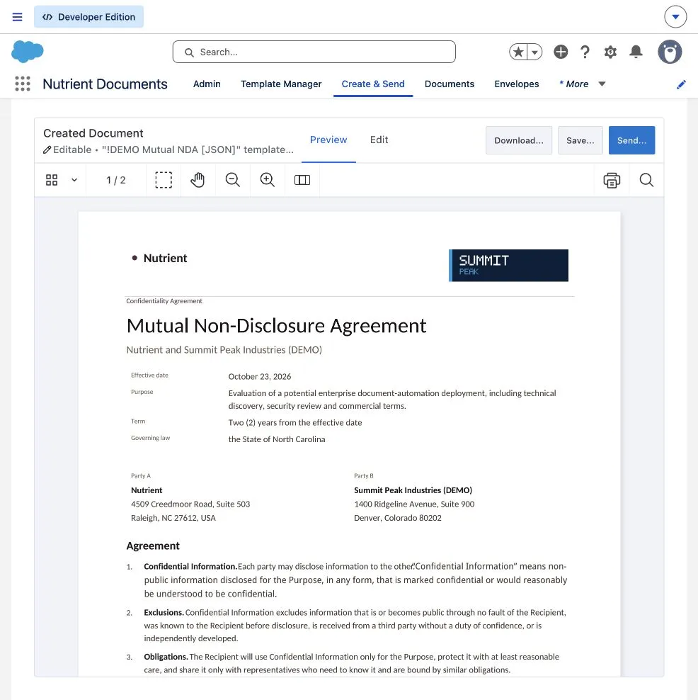 Generated demo NDA in Salesforce with Summit Peak account details and the document date