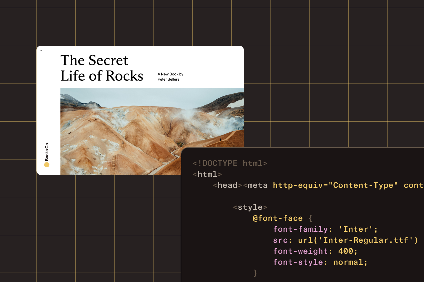 Illustration showing HTML code alongside a generated document