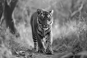 A tiger walks on a forest path in black and white. The stripes and details are clear, but the colors are gone.