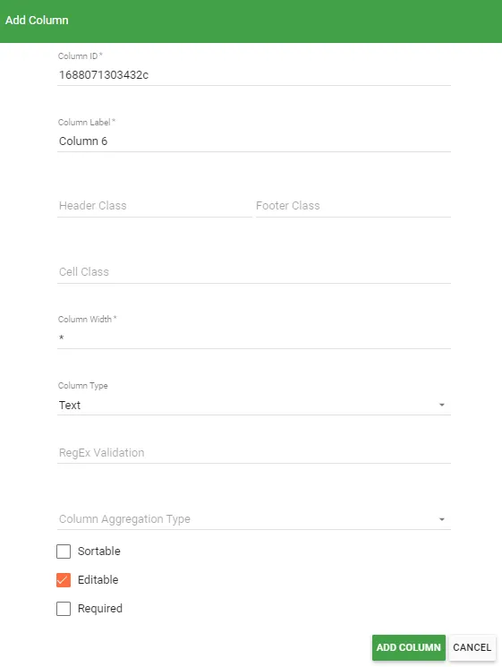Add Column dialog window with configuration options for column properties