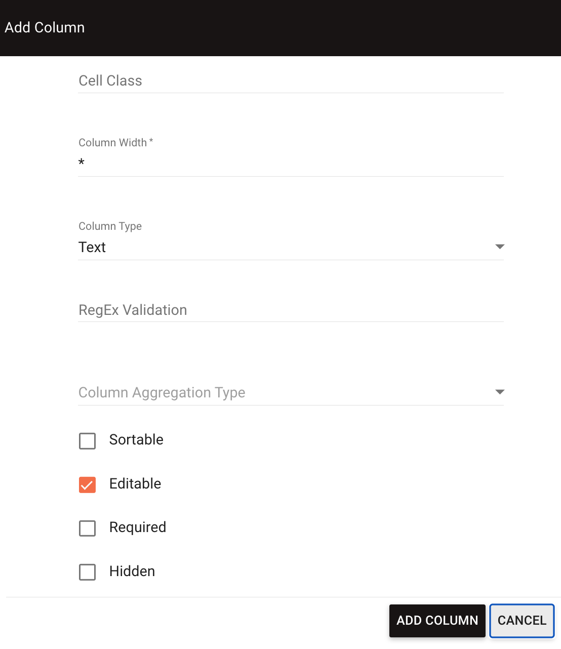 Add Column dialog window with configuration options for column properties