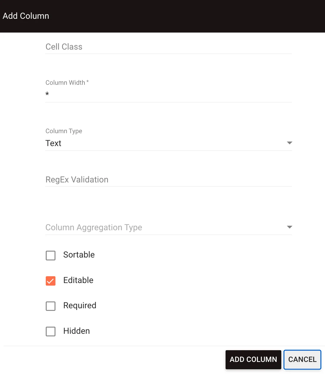 Add Column dialog window with configuration options for column properties