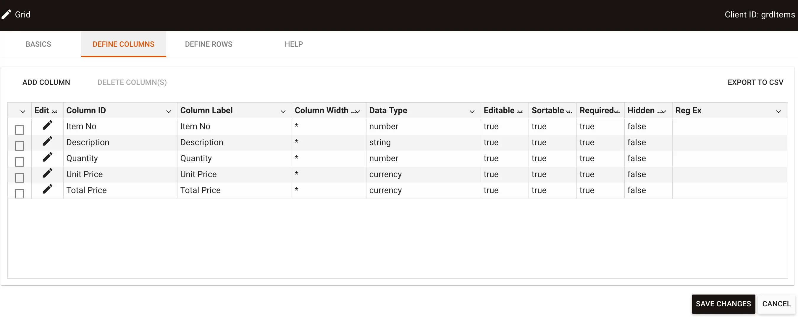 Define Columns tab interface for adding new columns to the grid