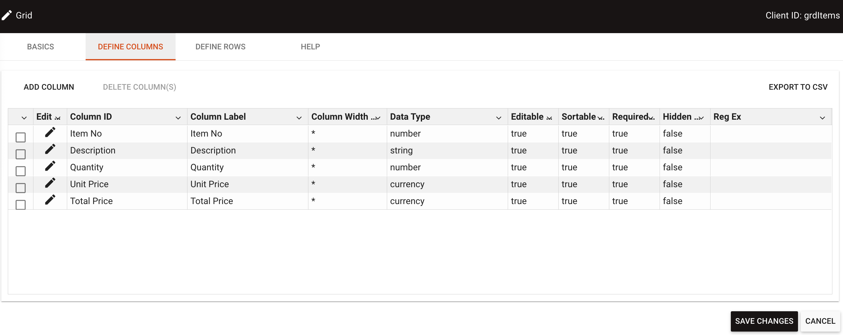 Define Columns tab interface for adding new columns to the grid