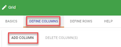 Define Columns tab interface for adding new columns to the grid