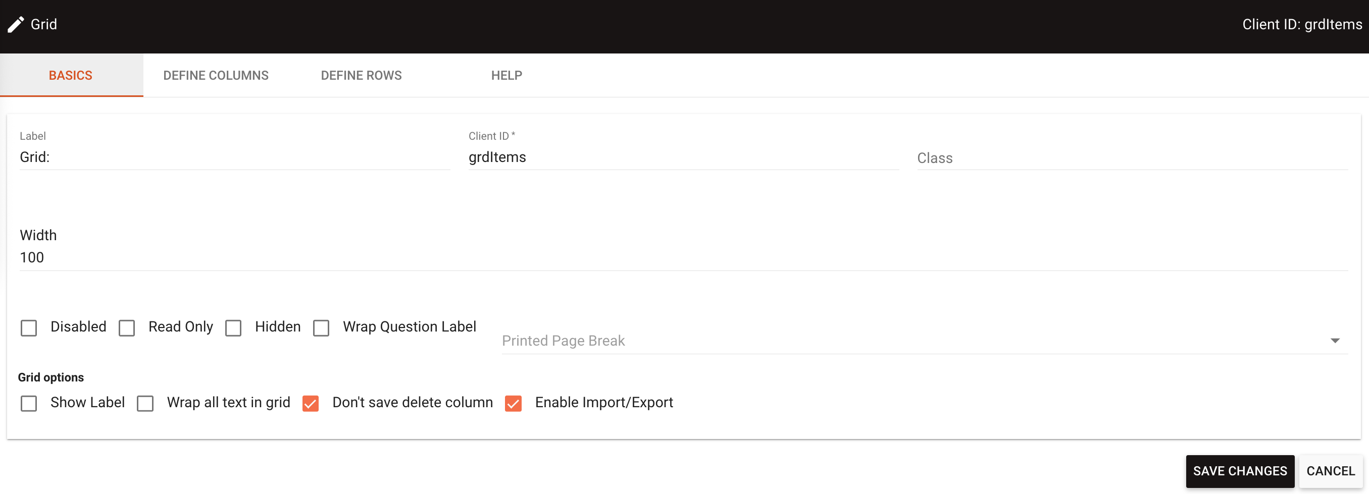 Grid configuration window showing the Basics tab with grid settings options