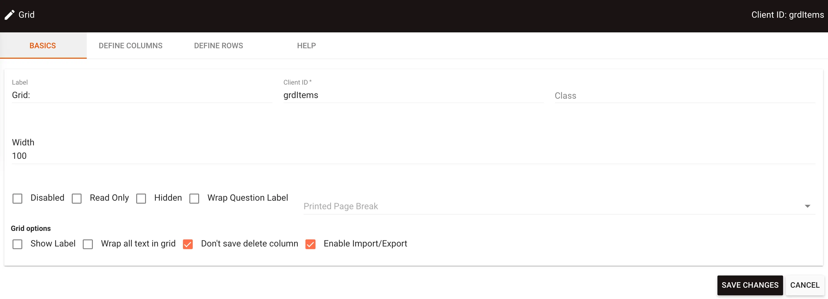 Grid configuration window showing the Basics tab with grid settings options