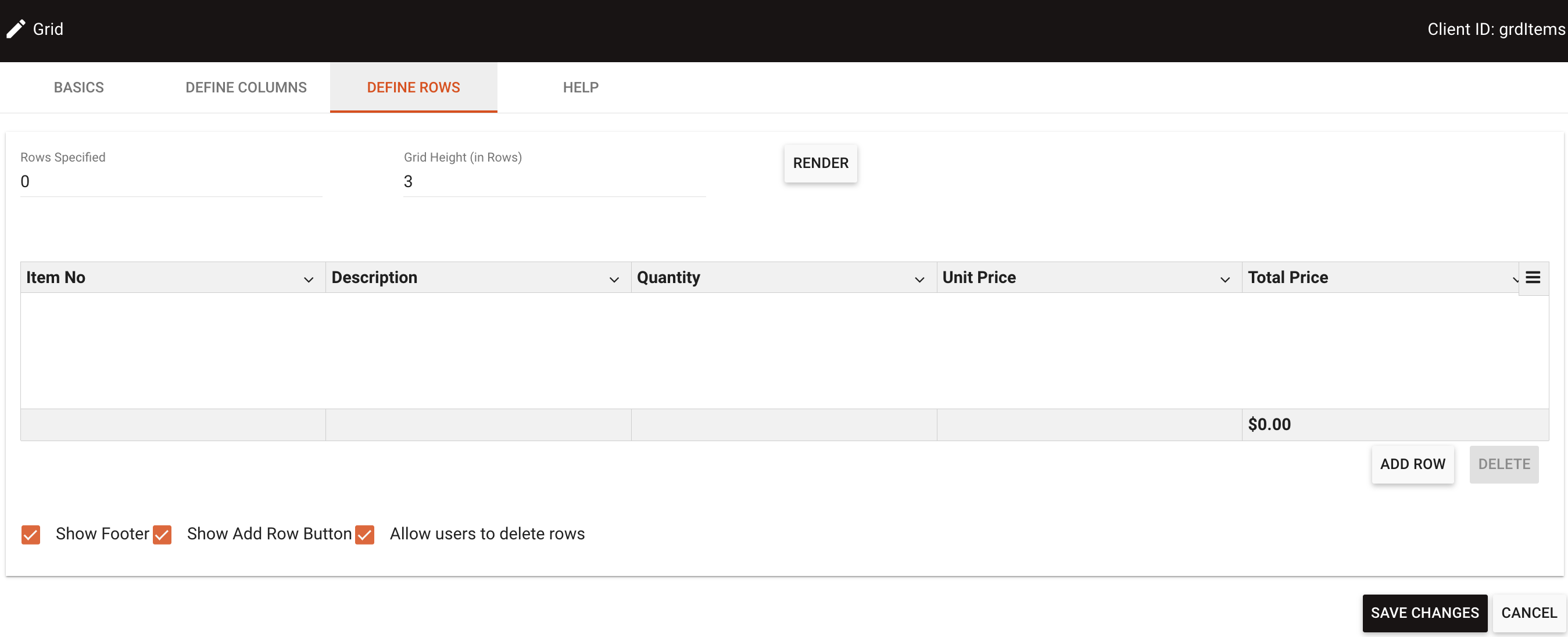 Define Rows tab showing row configuration options and grid height settings