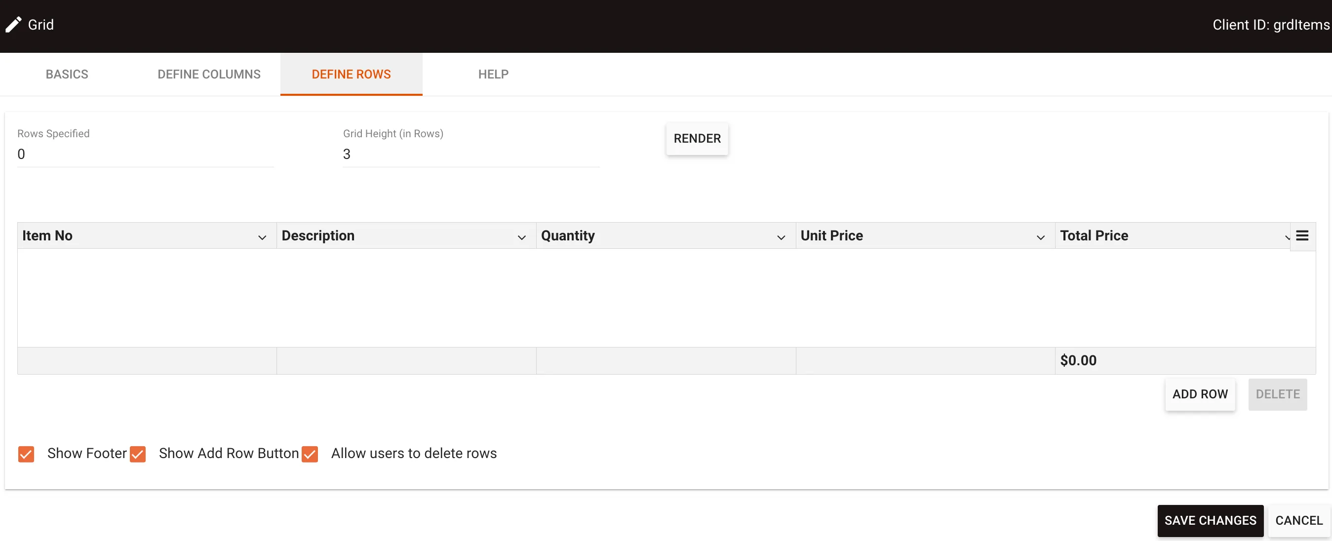 Define Rows tab showing row configuration options and grid height settings