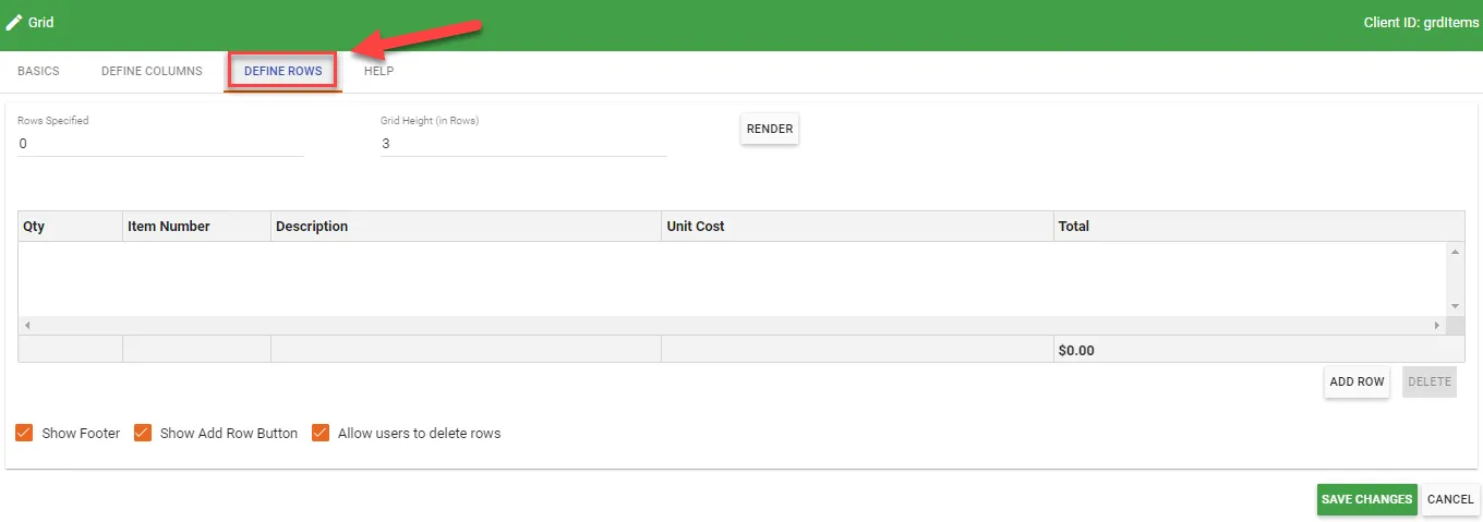 Define Rows tab showing row configuration options and grid height settings