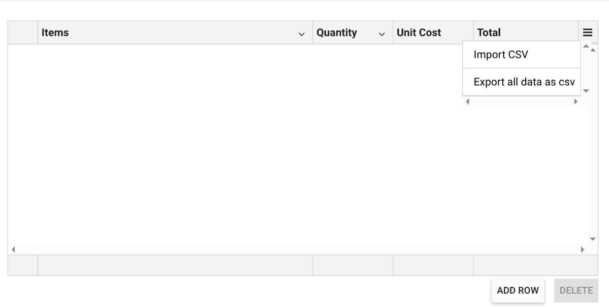 Expanded grid menu displaying Import CSV option along with export and other data management tools