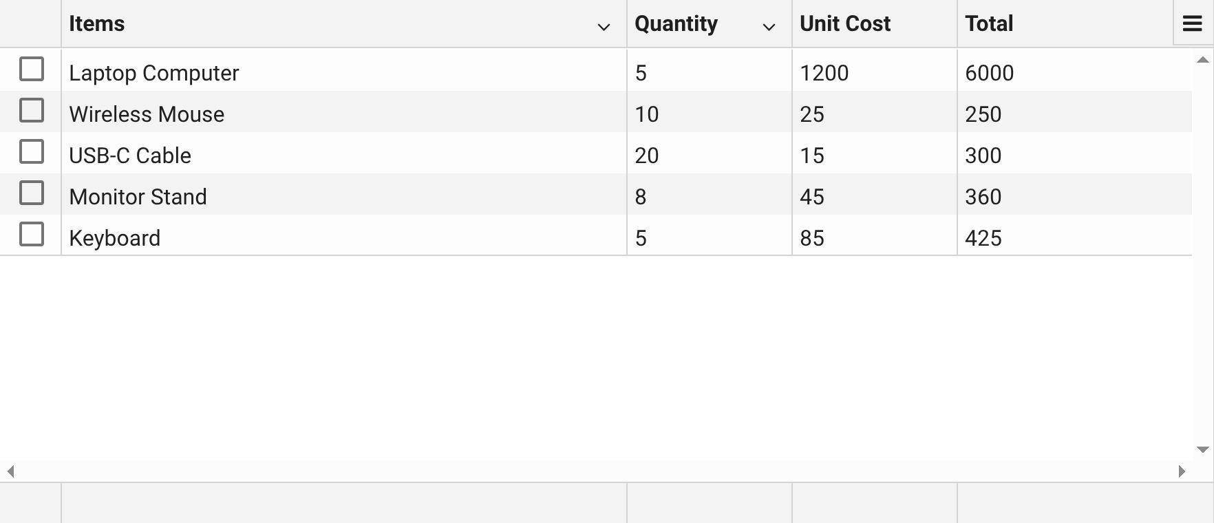 Grid question table fully populated with imported spreadsheet data showing multiple rows with formatted columns for dates, currency, and text values