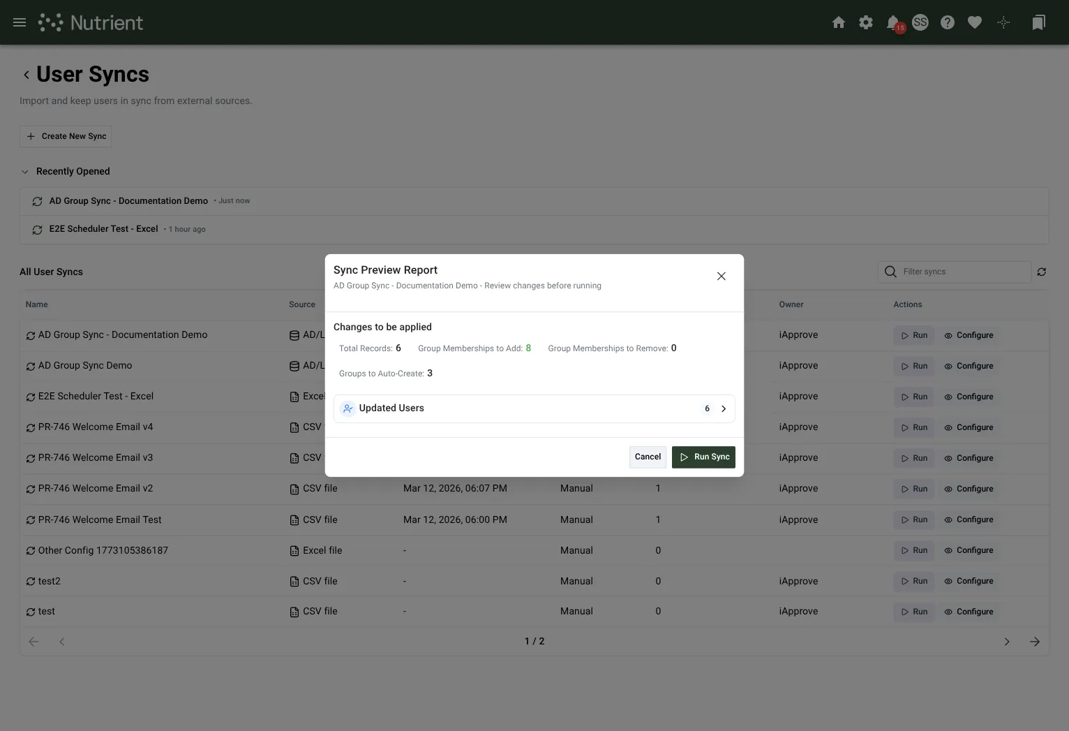Sync preview showing group membership additions, removals, and groups to auto-create