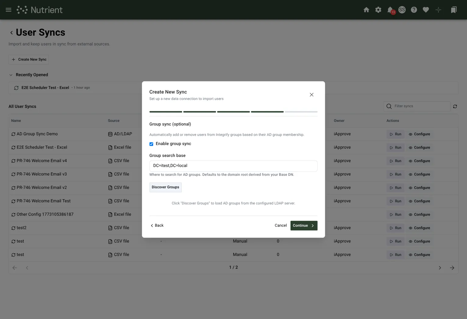 Group sync step with Enable group sync and Group search base fields