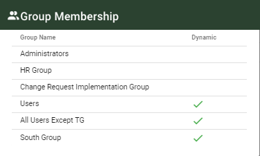 User Groups pop-up listing group names and whether each group is dynamic