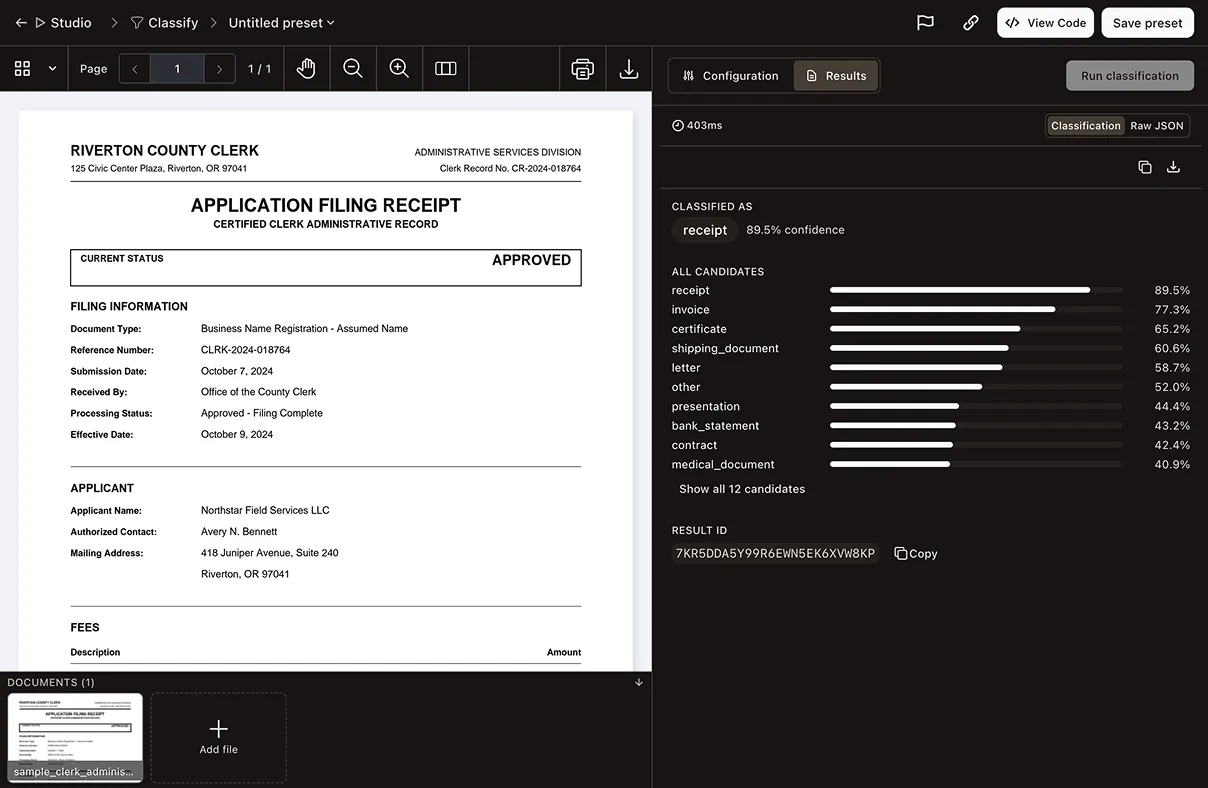 Nutrient Data Extraction Studio Classify workbench ranking a loan modification agreement against 12 candidate labels, with receipt scored highest