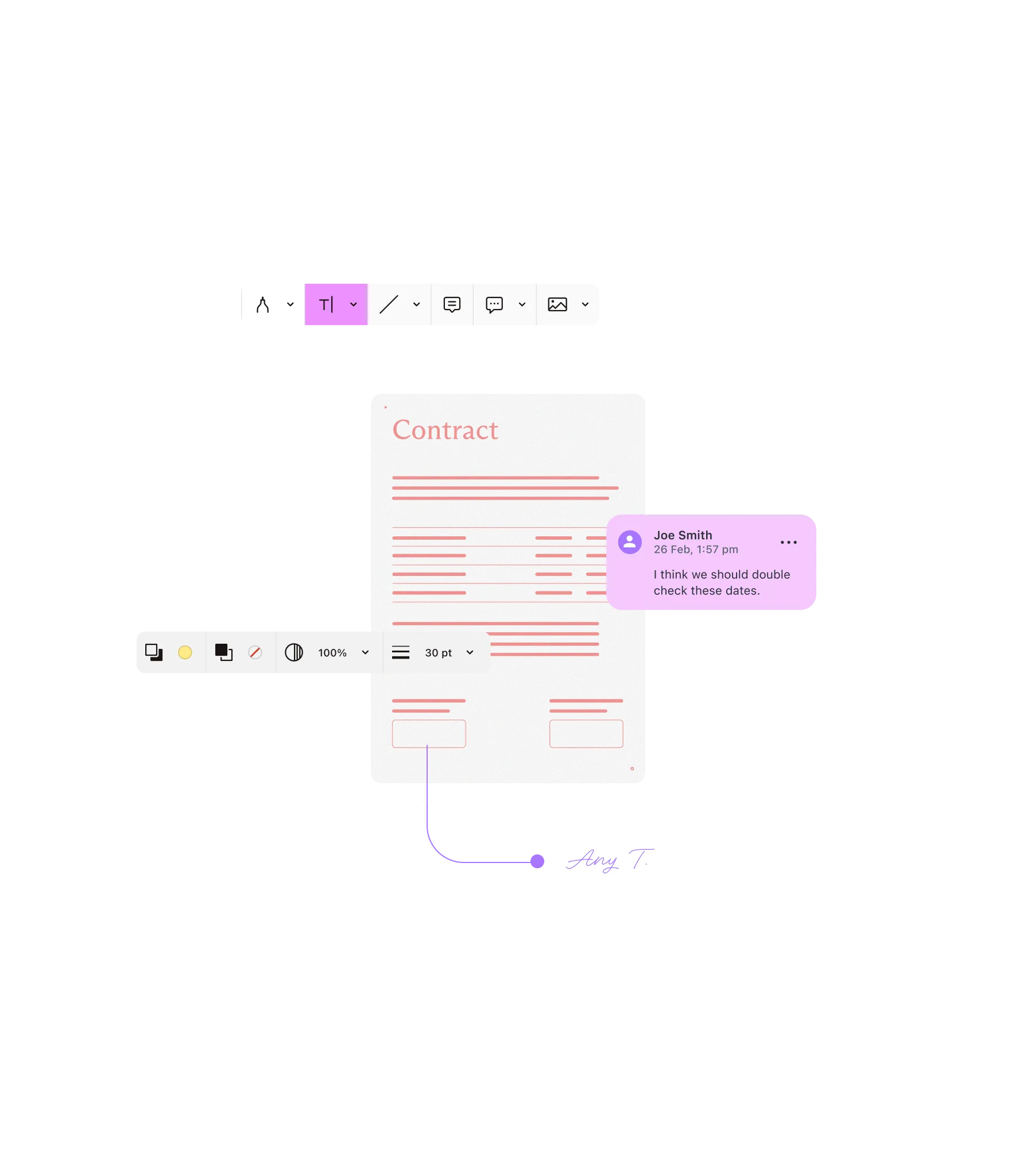 A contract document with a comment from a reviewer and a signature, alongside markup and annotation tools.