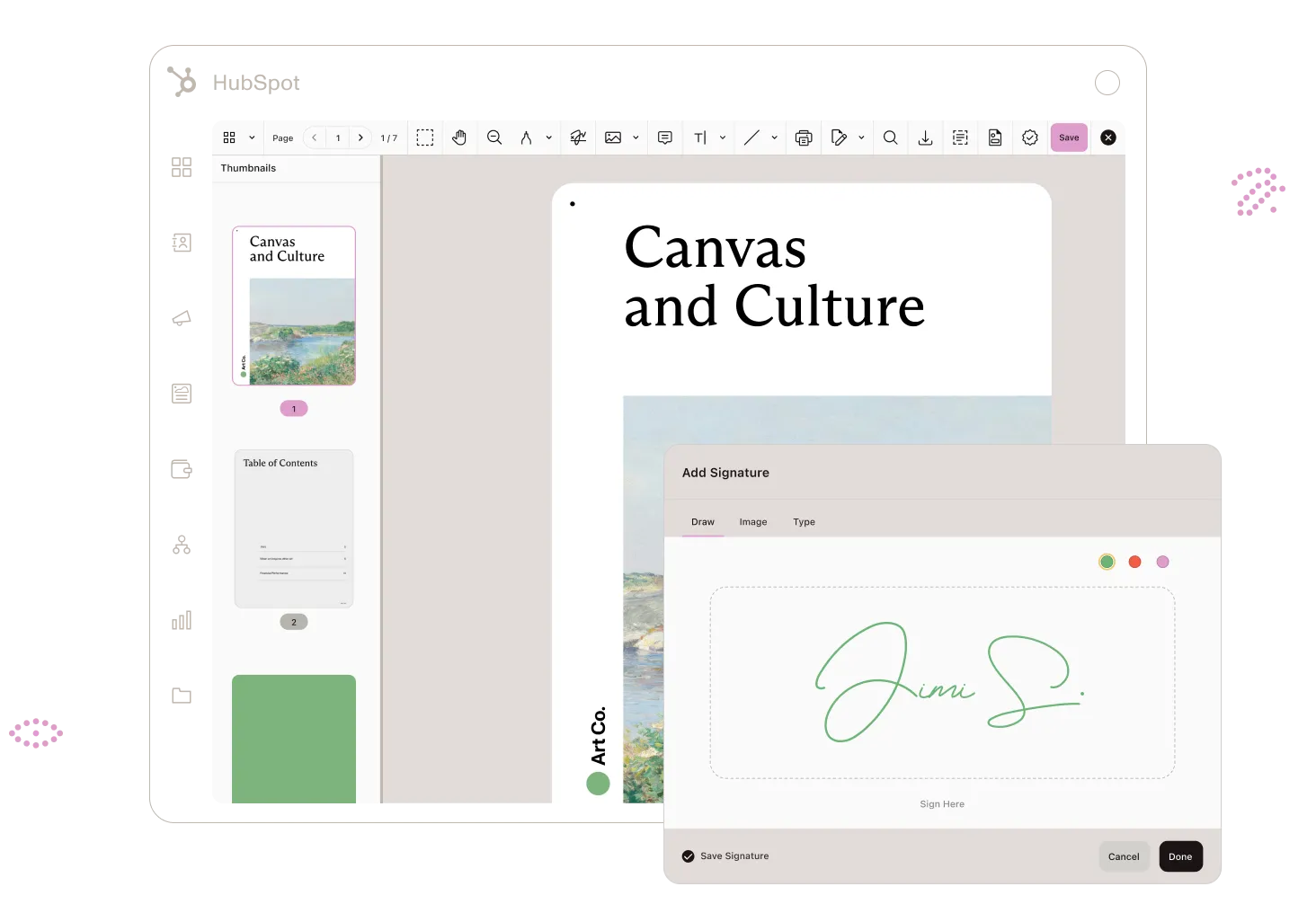 HubSpot document editing interface