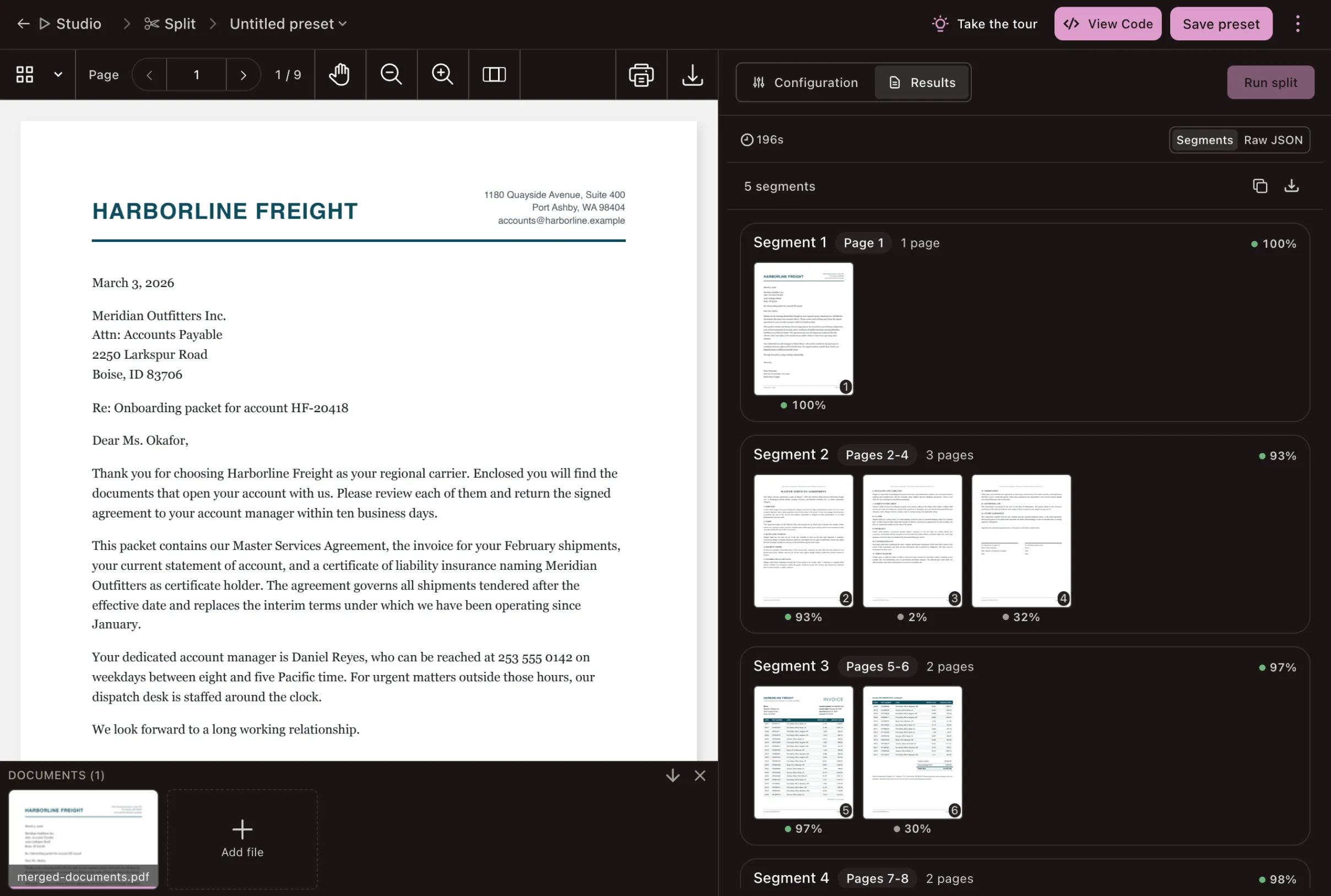 A nine-page merged onboarding packet separated into documents in the split workbench, each with its page range and boundary confidence