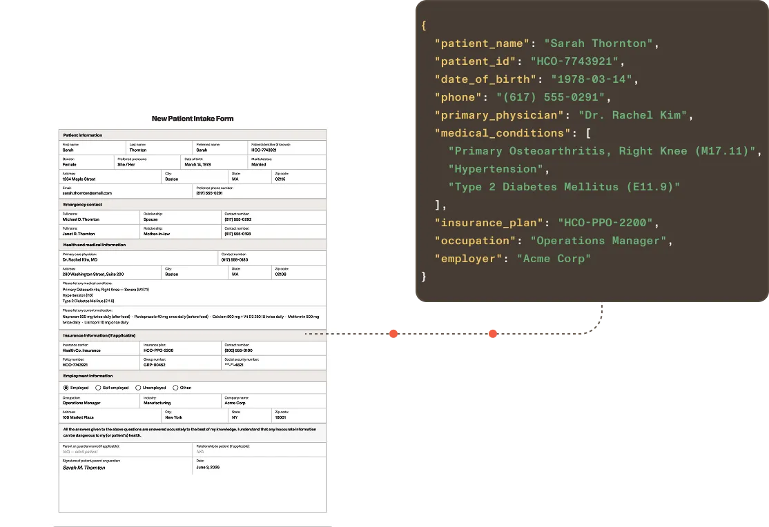 Patient intake form with allergies and medication tables alongside extracted structured JSON output