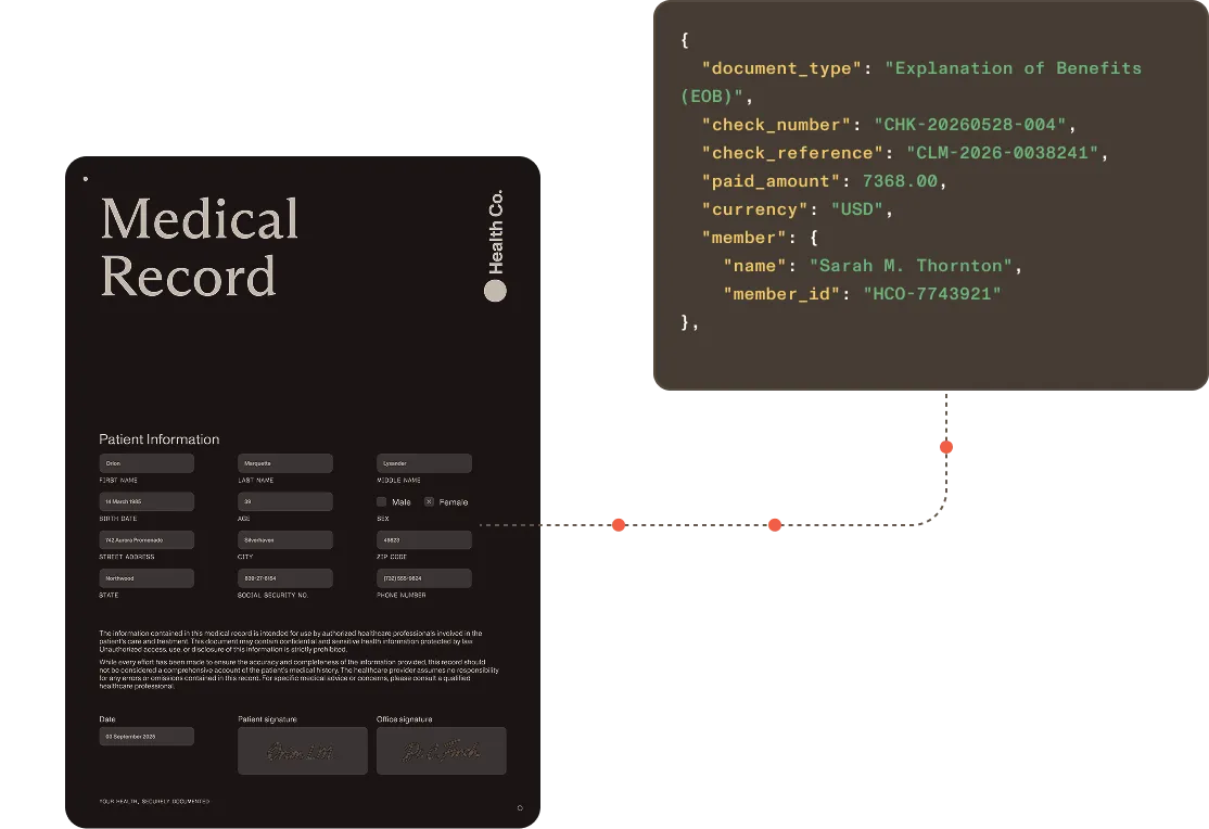 Patient intake form with allergies and medication tables alongside extracted structured JSON output