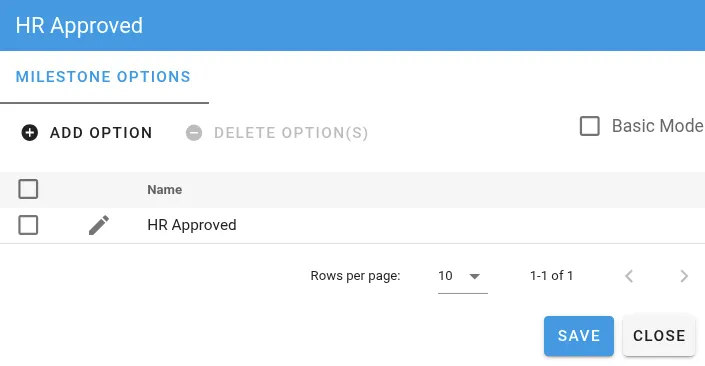 Milestone task configuration screen showing basic mode settings and default value options