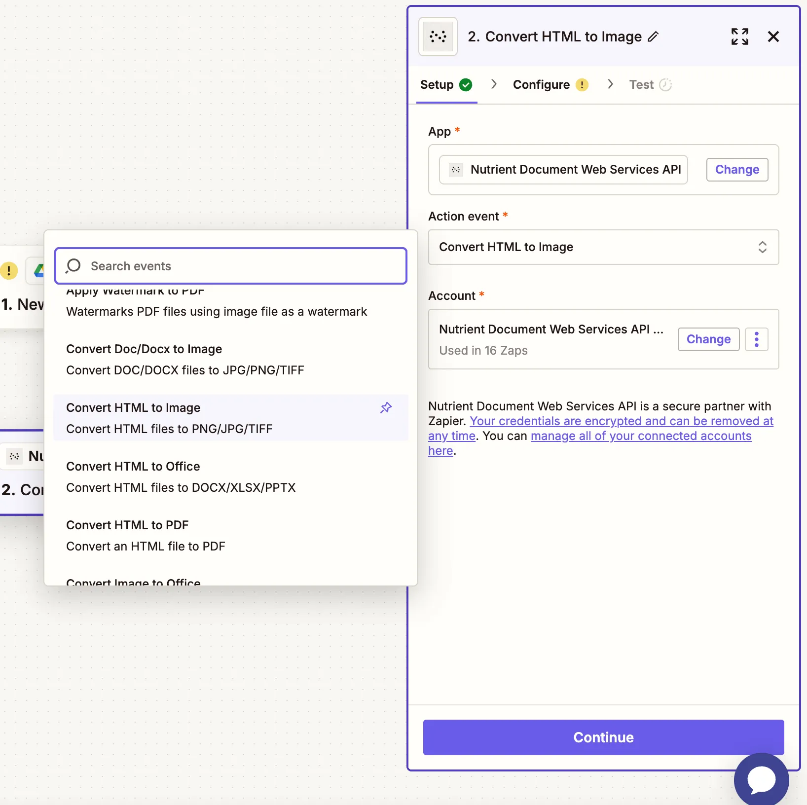 Nutrient API action dropdown showing 'Convert HTML to Image'